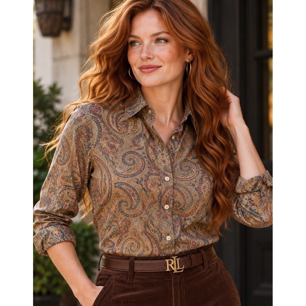 Lauren Ralph Lauren Women's M Paisley Button Down Shirt Brown Cotton Boho Preppy